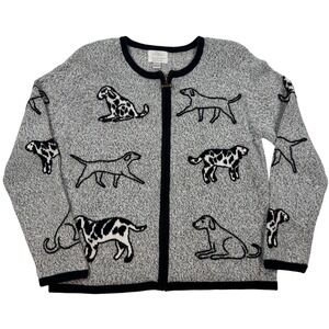 Christopher & Banks Dog Embroidered Zip Cardigan Grey Marled Knit Bone Pull L